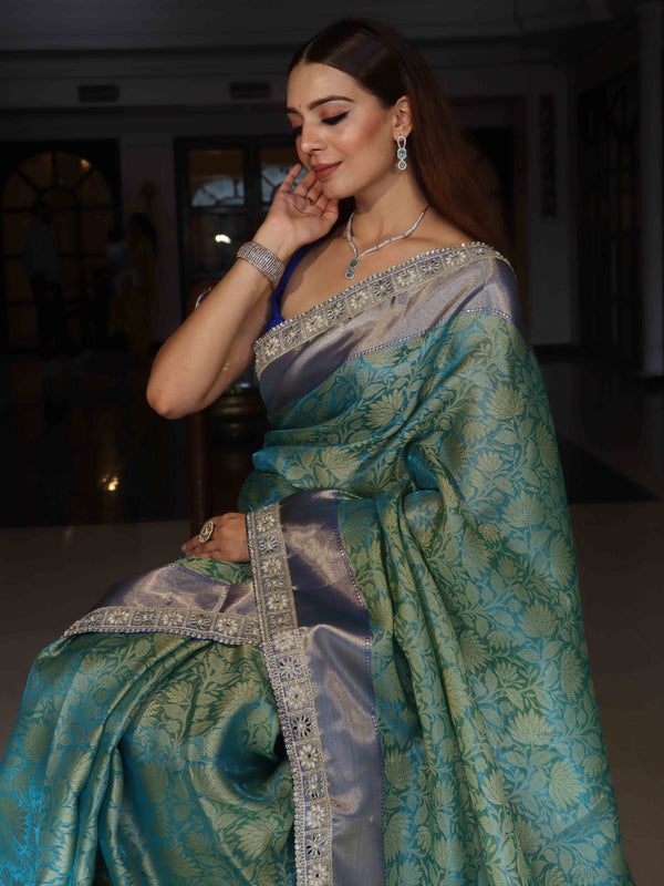 Banarasee Handwoven Tissue Saree With Floral Weaving Contrast Border & Lace-Blue (Dual Tone)