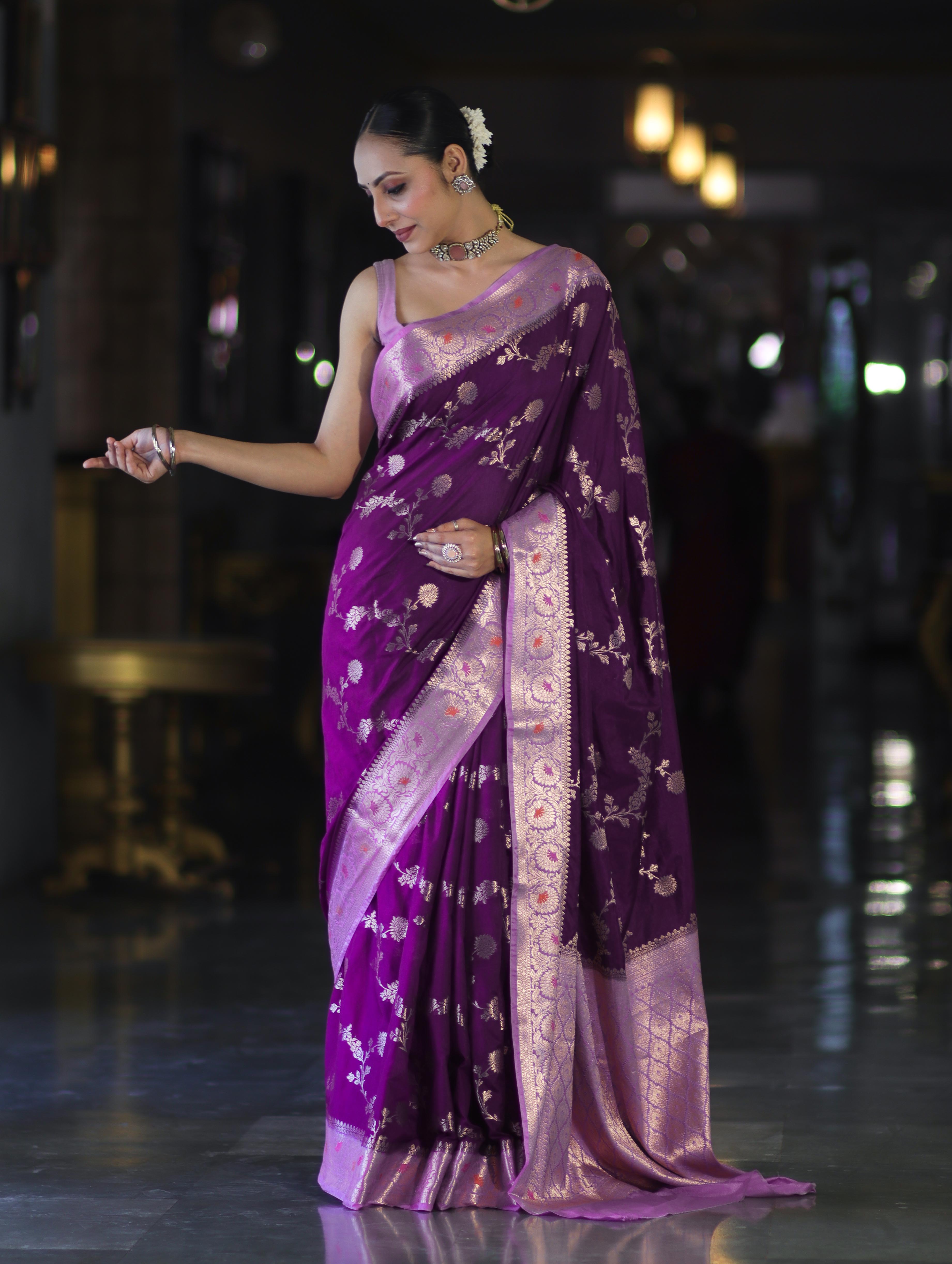 Banarasee Handloom Semi Silk Saree With Zari Woven Design & Contrast Border-Purple