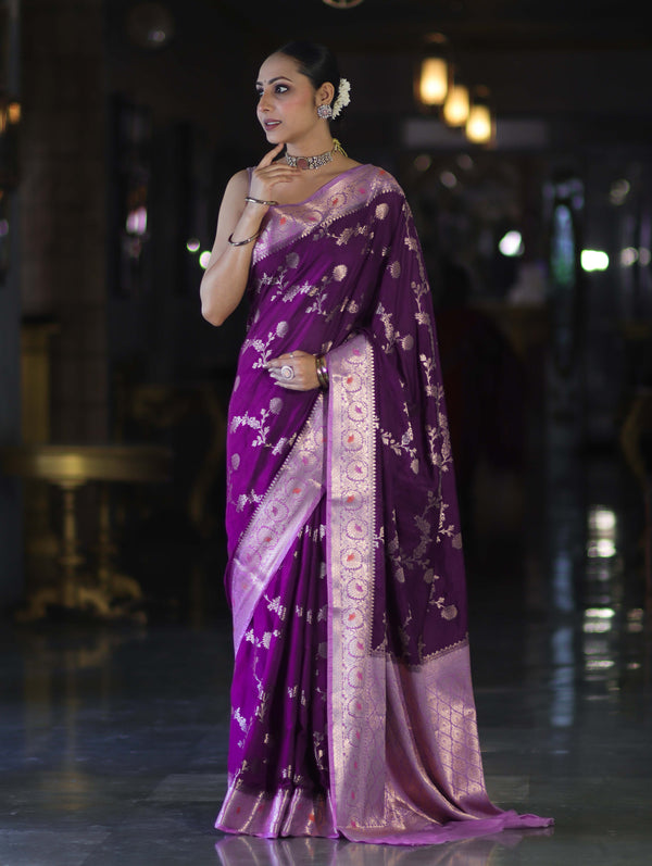 Banarasee Handloom Semi Silk Saree With Zari Woven Design & Contrast Border-Purple