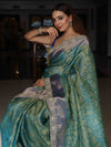 Banarasee Handwoven Tissue Saree With Floral Weaving Contrast Border & Lace-Blue (Dual Tone)
