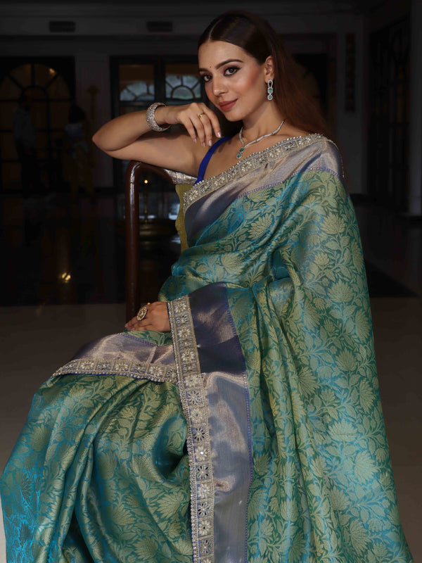 Banarasee Handwoven Tissue Saree With Floral Weaving Contrast Border & Lace-Blue (Dual Tone)