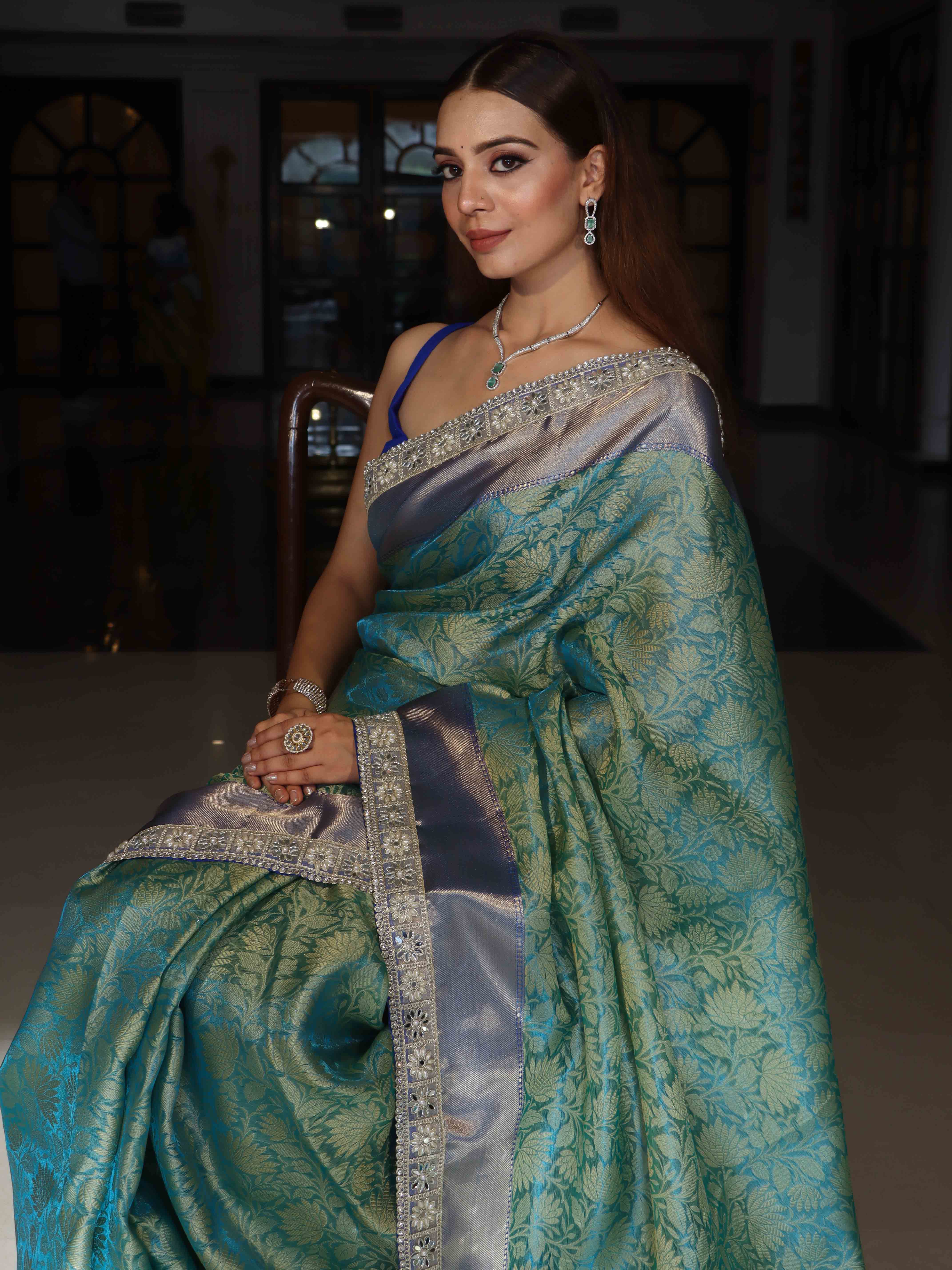 Banarasee Handwoven Tissue Saree With Floral Weaving Contrast Border & Lace-Blue (Dual Tone)