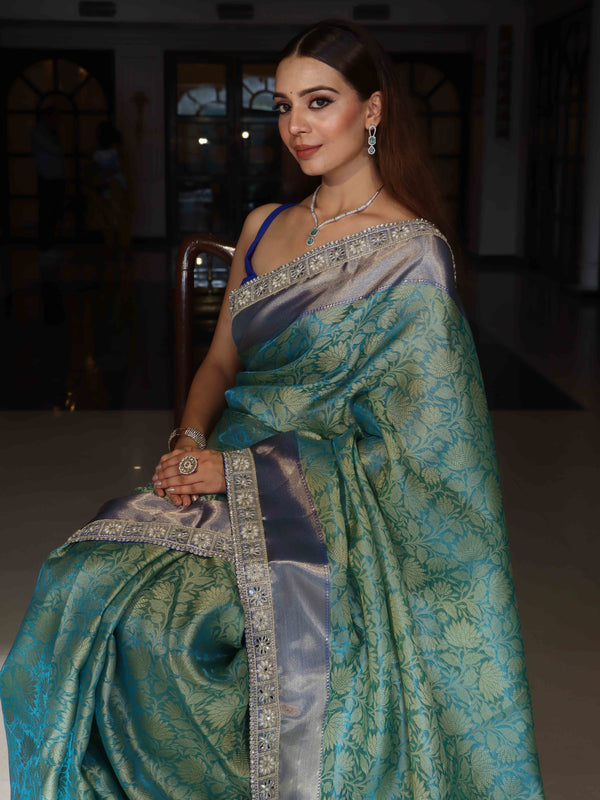 Banarasee Handwoven Tissue Saree With Floral Weaving Contrast Border & Lace-Blue (Dual Tone)