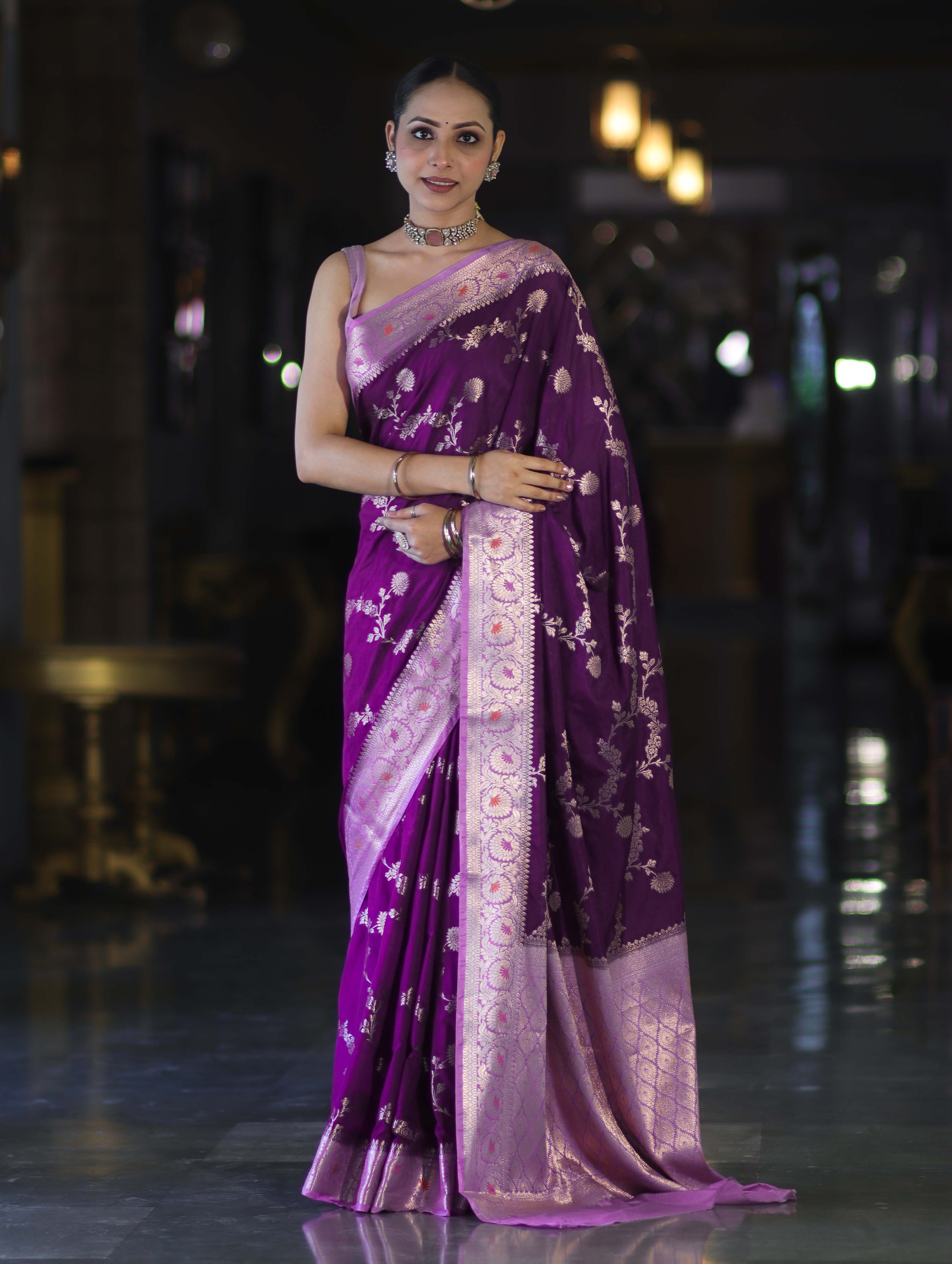 Banarasee Handloom Semi Silk Saree With Zari Woven Design & Contrast Border-Purple