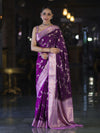 Banarasee Handloom Semi Silk Saree With Zari Woven Design & Contrast Border-Purple