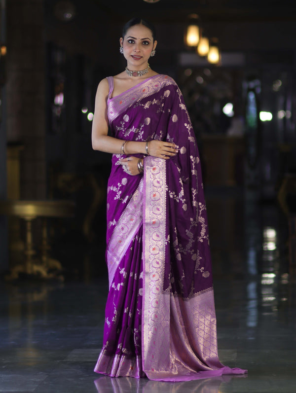 Banarasee Handloom Semi Silk Saree With Zari Woven Design & Contrast Border-Purple
