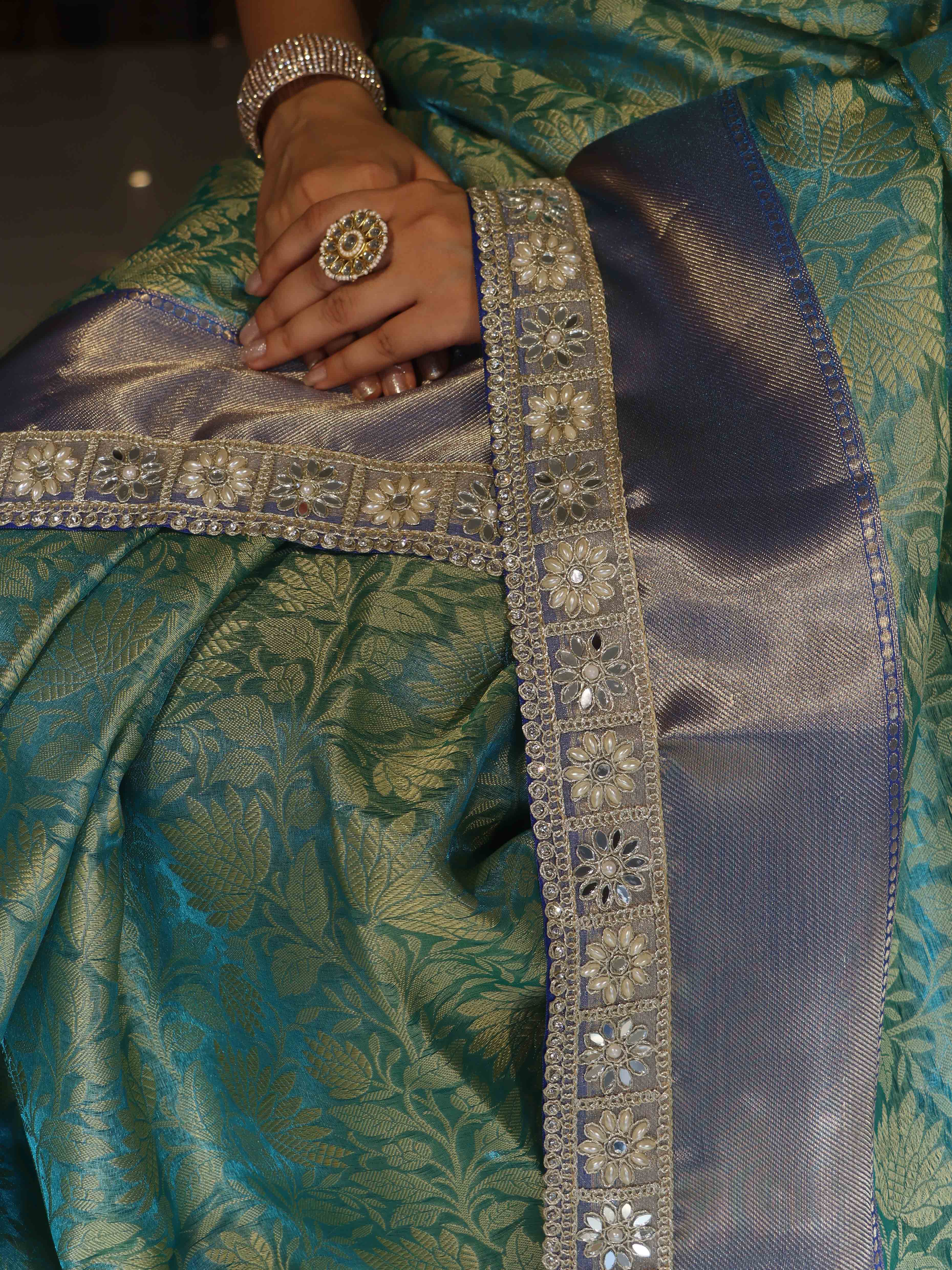 Banarasee Handwoven Tissue Saree With Floral Weaving Contrast Border & Lace-Blue (Dual Tone)