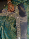 Banarasee Handwoven Tissue Saree With Floral Weaving Contrast Border & Lace-Blue (Dual Tone)