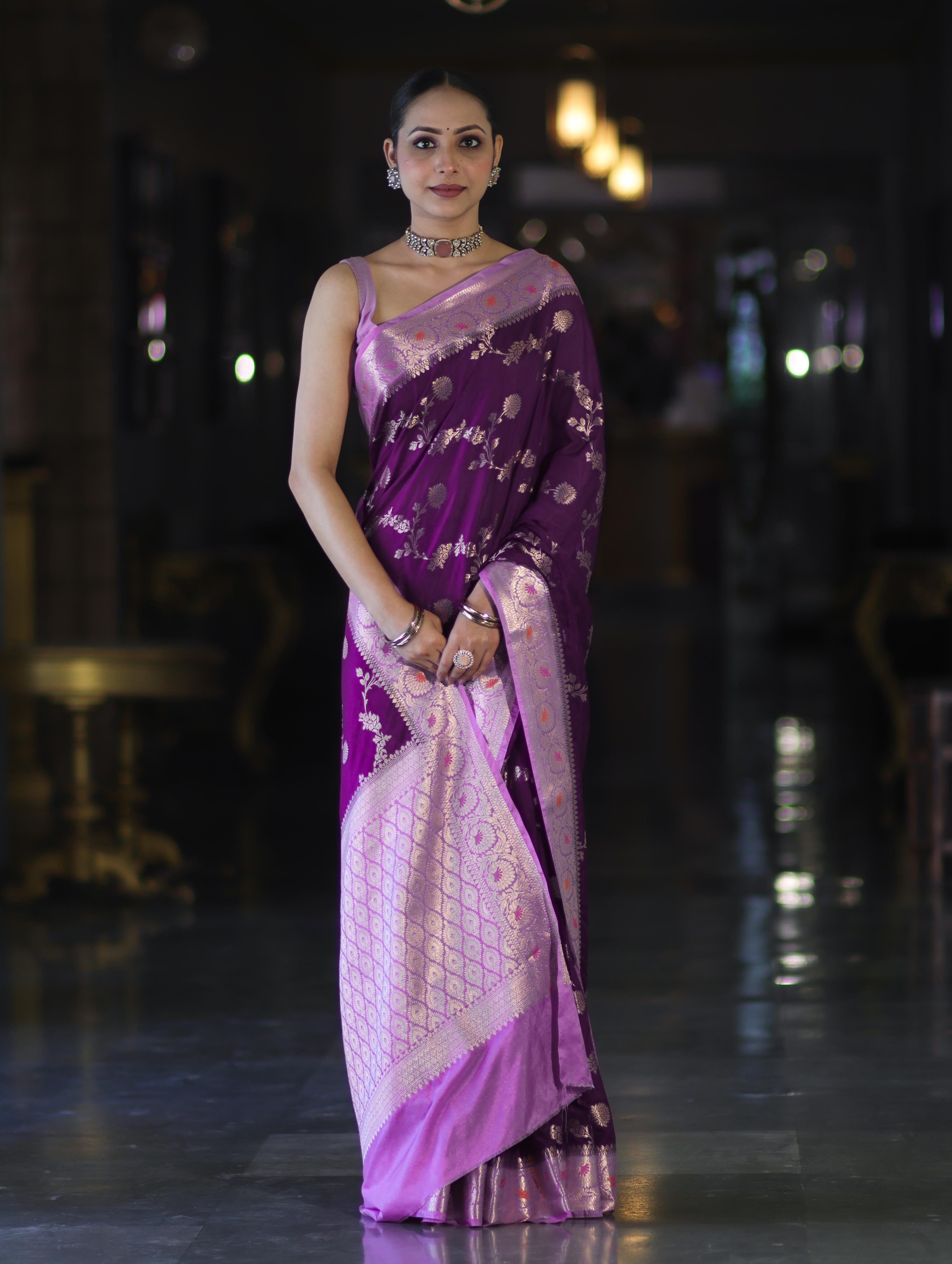 Banarasee Handloom Semi Silk Saree With Zari Woven Design & Contrast Border-Purple