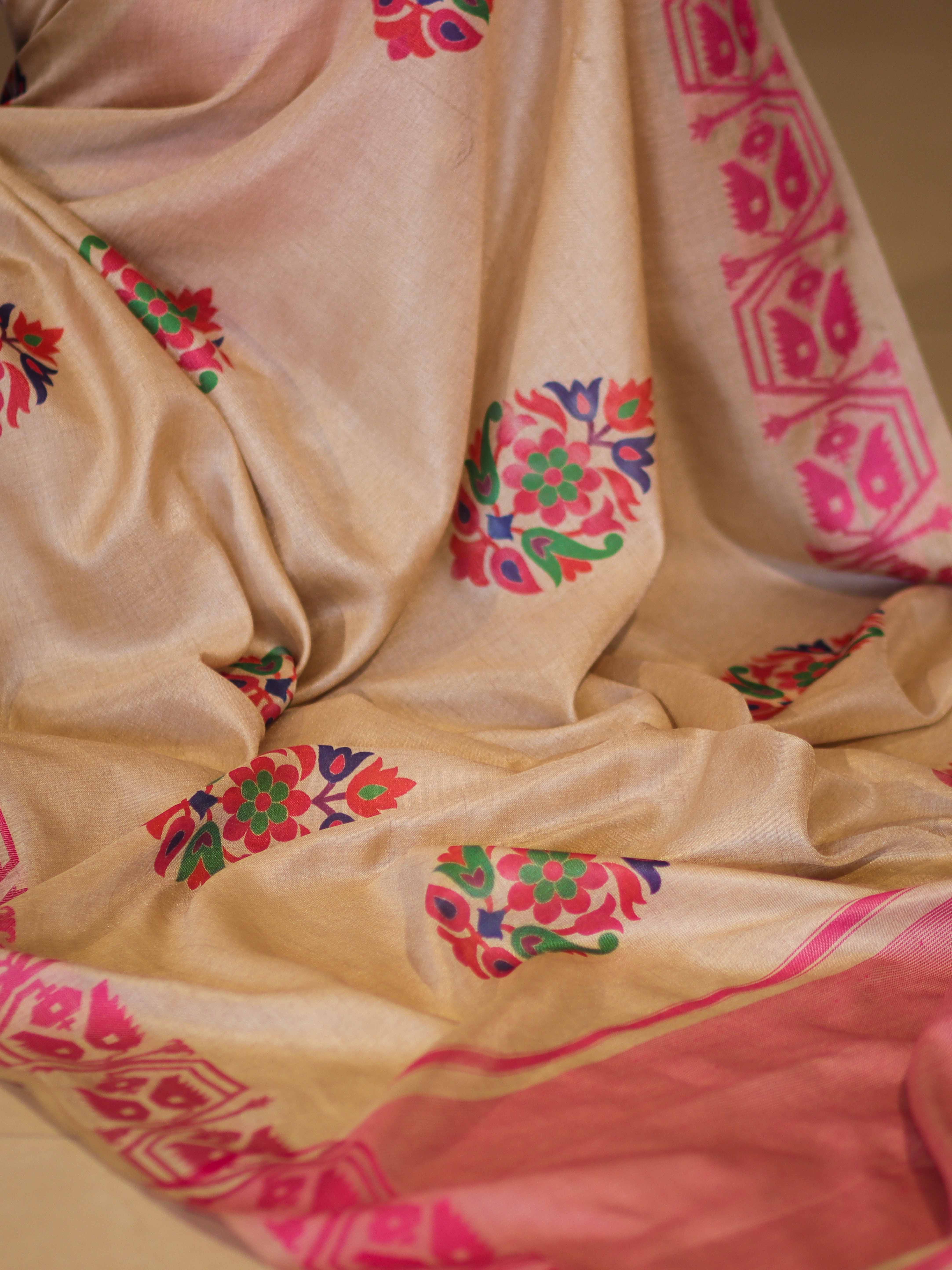 Banarasee Handwoven Semi-Tussar Saree With Hand Block Print Design-Beige