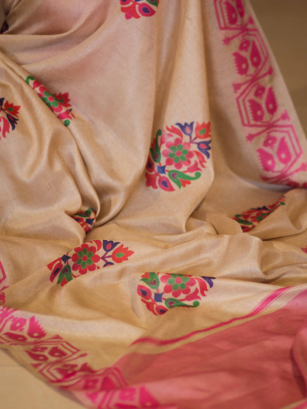 Banarasee Handwoven Semi-Tussar Saree With Hand Block Print Design-Beige