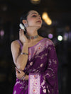 Banarasee Handloom Semi Silk Saree With Zari Woven Design & Contrast Border-Purple