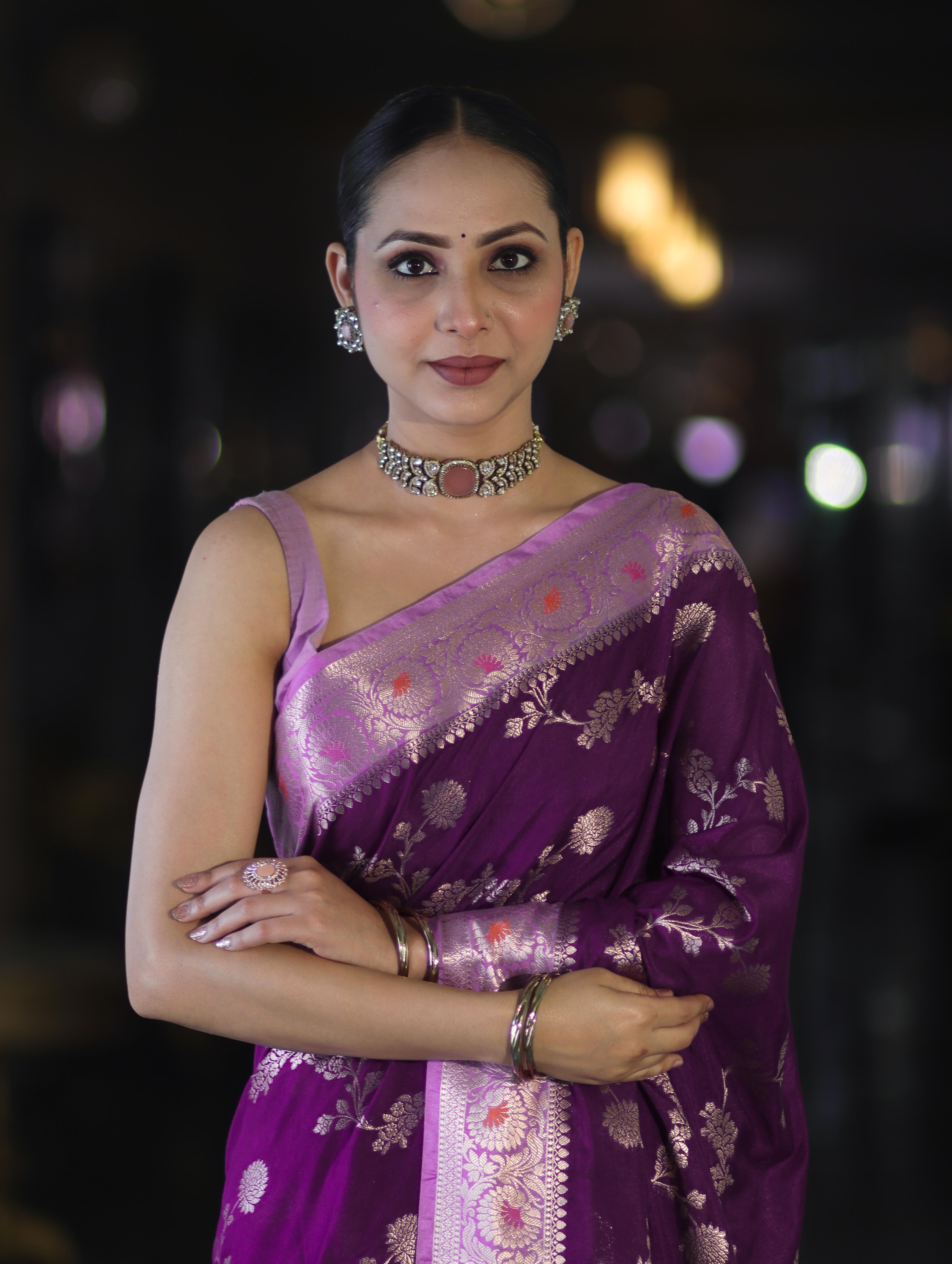 Banarasee Handloom Semi Silk Saree With Zari Woven Design & Contrast Border-Purple