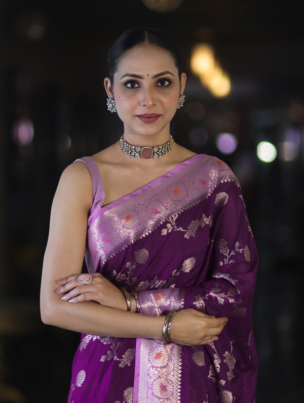 Banarasee Handloom Semi Silk Saree With Zari Woven Design & Contrast Border-Purple