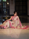 Banarasee Handwoven Semi-Tussar Saree With Hand Block Print Design-Beige