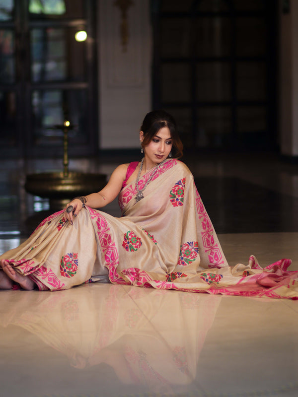 Banarasee Handwoven Semi-Tussar Saree With Hand Block Print Design-Beige