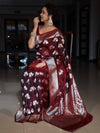 Banarasee Handwoven Semi-Katan Zari & Resham Weaving Floral Border Saree-Burgundy