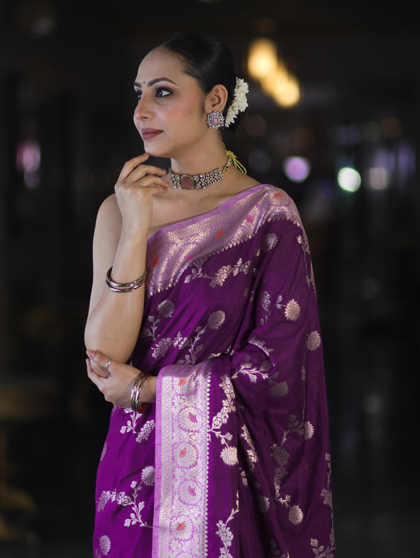 Banarasee Handloom Semi Silk Saree With Zari Woven Design & Contrast Border-Purple