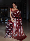 Banarasee Handwoven Semi-Katan Zari & Resham Weaving Floral Border Saree-Burgundy