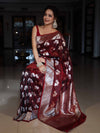 Banarasee Handwoven Semi-Katan Zari & Resham Weaving Floral Border Saree-Burgundy