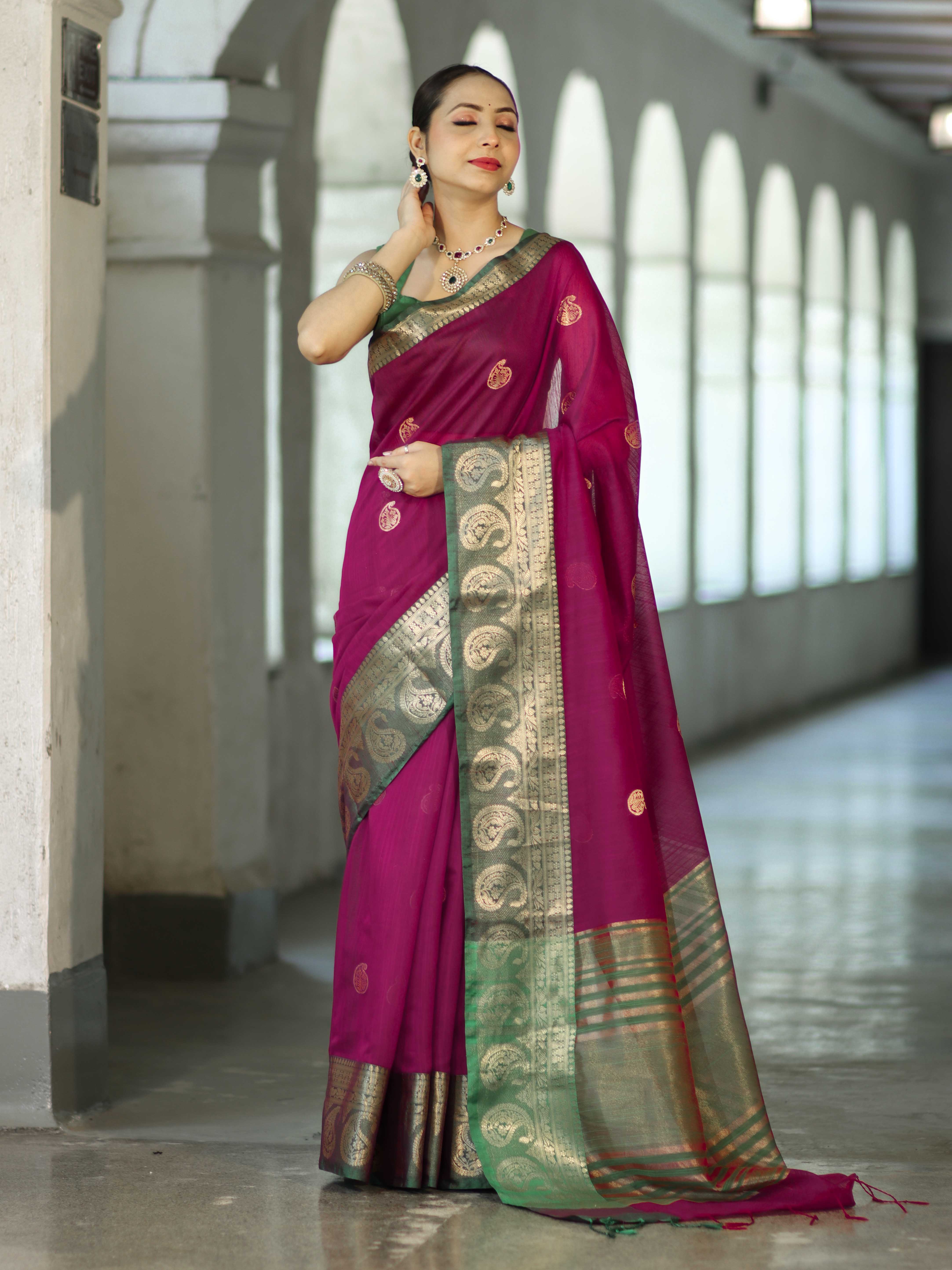 Banarasee Handloom Cotton Silk Saree With Zari Work & Contrast Border-Magenta & Green