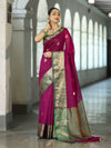 Banarasee Handloom Cotton Silk Saree With Zari Work & Contrast Border-Magenta & Green