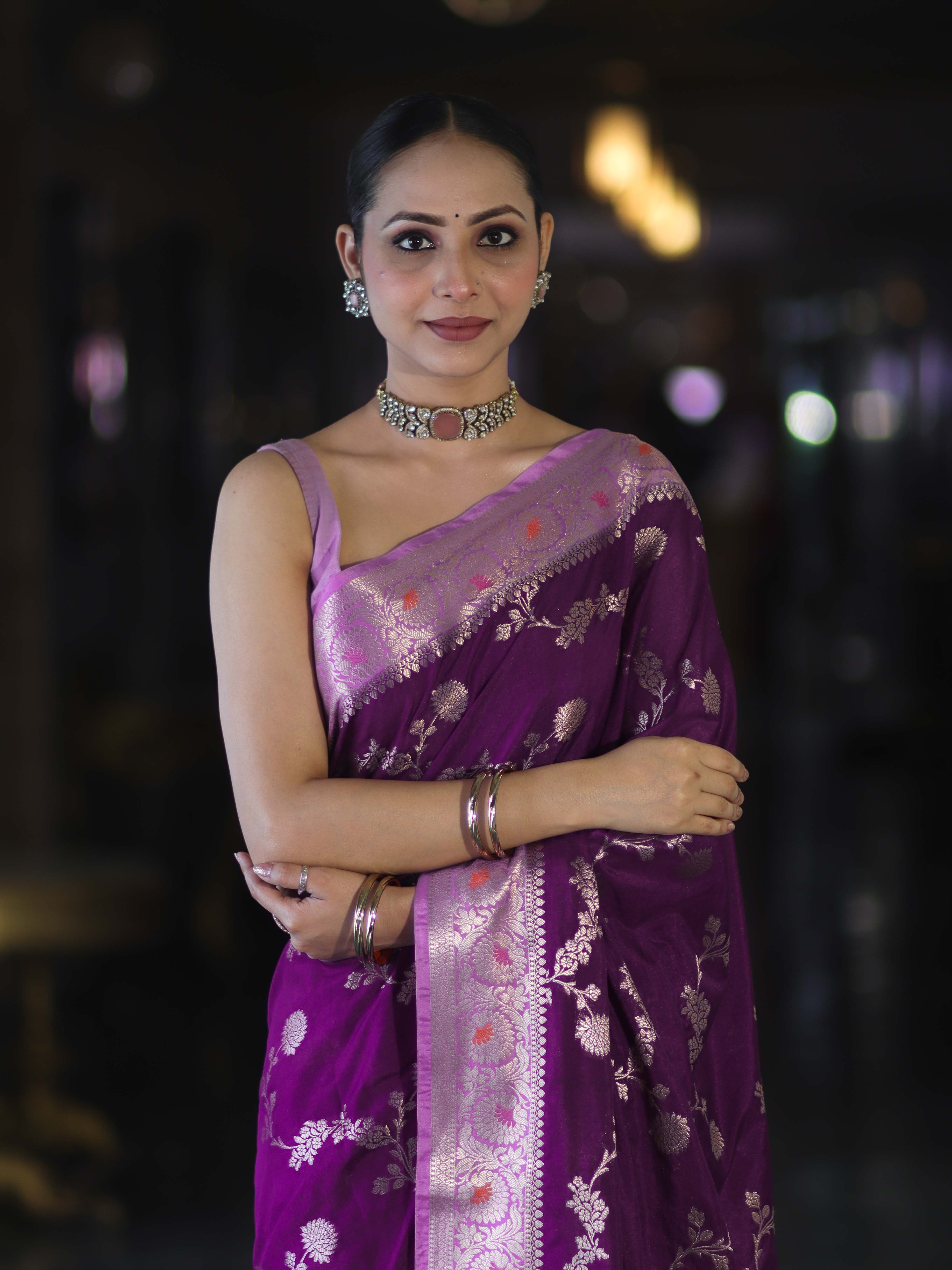 Banarasee Handloom Semi Silk Saree With Zari Woven Design & Contrast Border-Purple