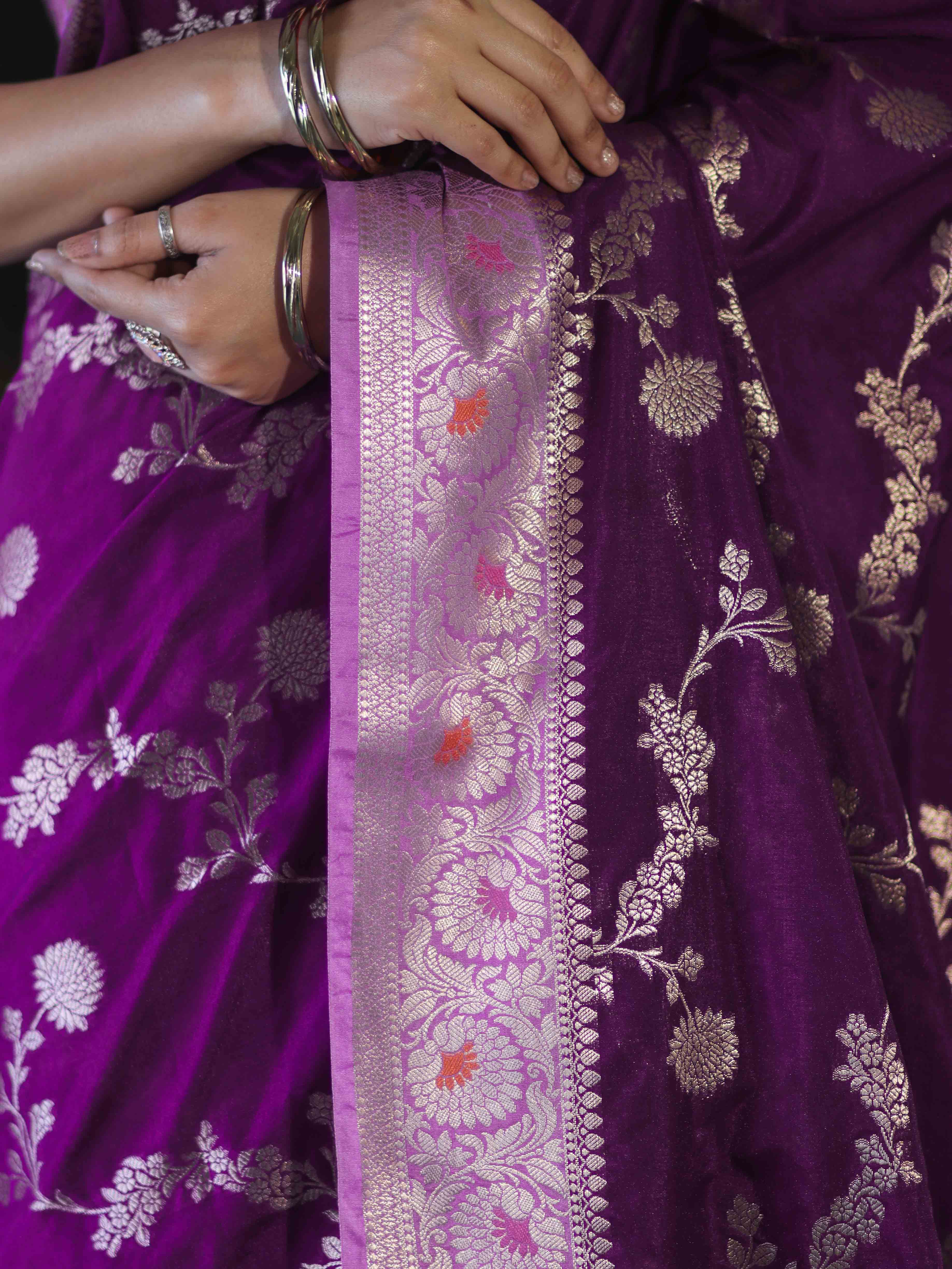 Banarasee Handloom Semi Silk Saree With Zari Woven Design & Contrast Border-Purple