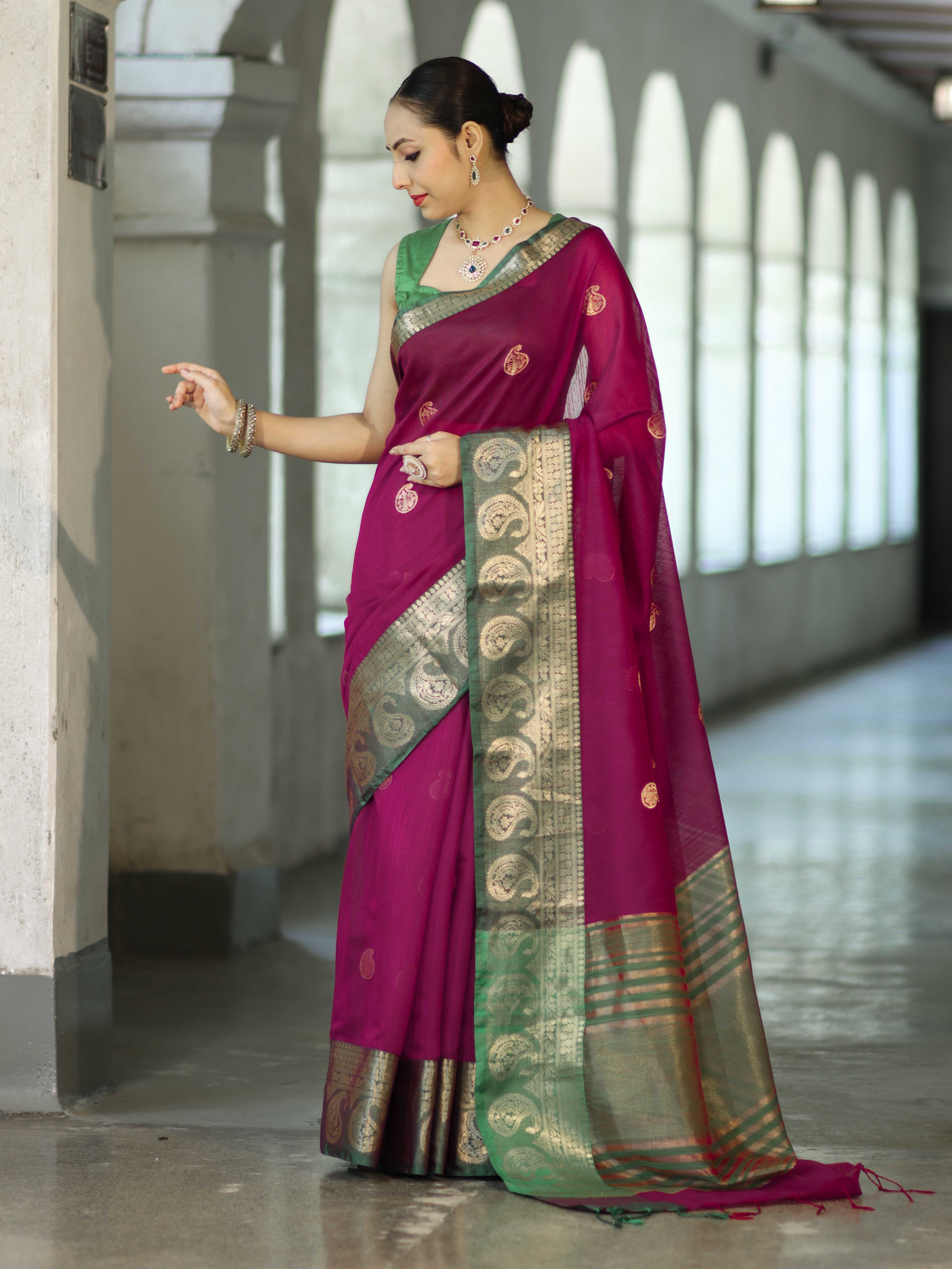 Banarasee Handloom Cotton Silk Saree With Zari Work & Contrast Border-Magenta & Green
