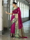 Banarasee Handloom Cotton Silk Saree With Zari Work & Contrast Border-Magenta & Green