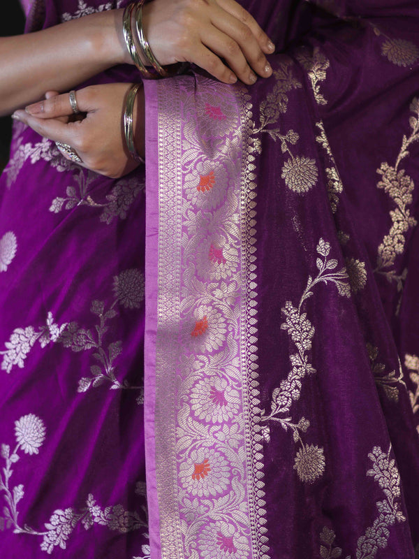Banarasee Handloom Semi Silk Saree With Zari Woven Design & Contrast Border-Purple