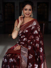 Banarasee Handwoven Semi-Katan Zari & Resham Weaving Floral Border Saree-Burgundy