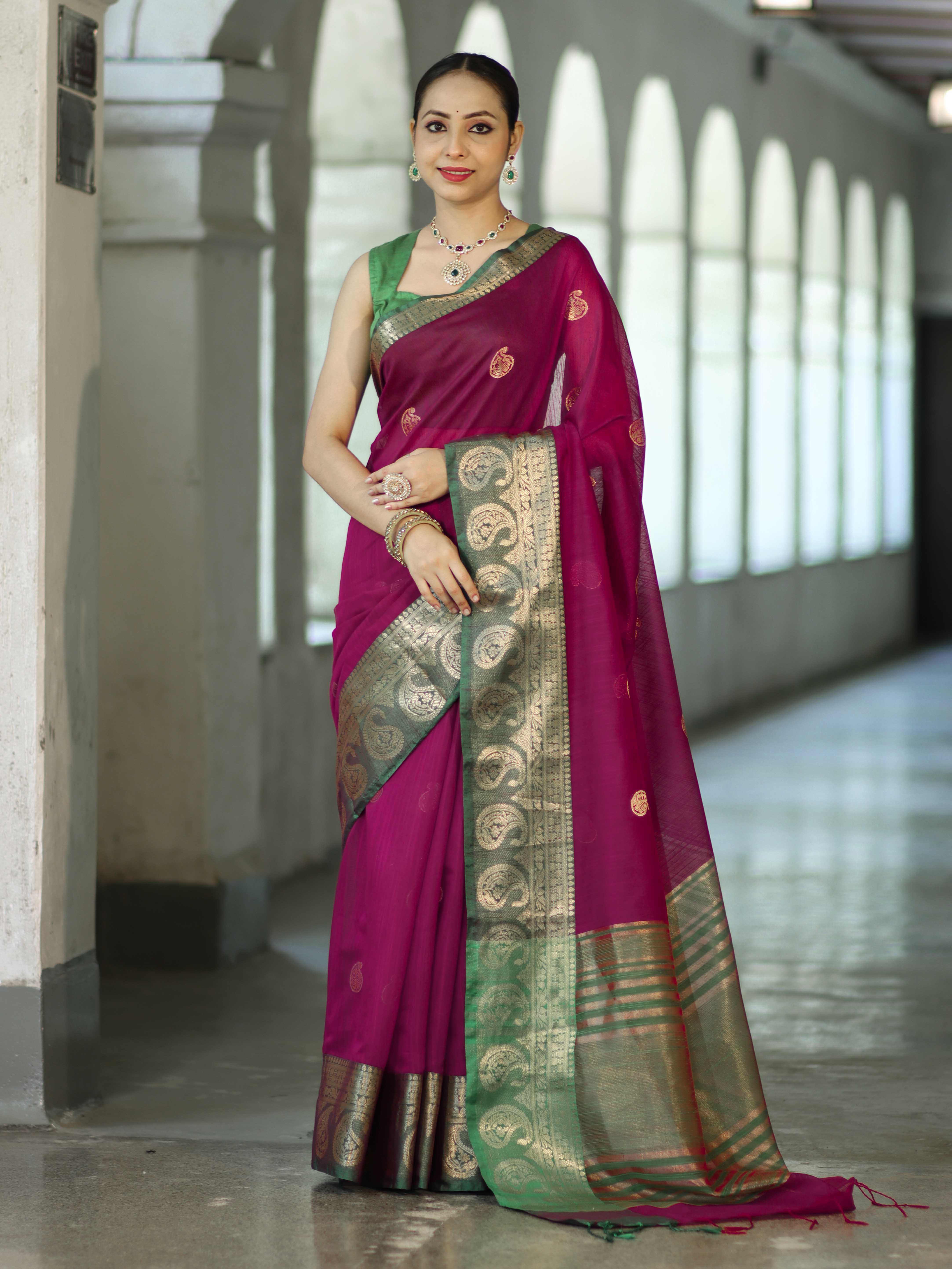 Banarasee Handloom Cotton Silk Saree With Zari Work & Contrast Border-Magenta & Green
