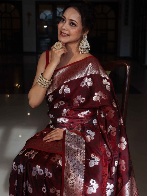 Banarasee Handwoven Semi-Katan Zari & Resham Weaving Floral Border Saree-Burgundy