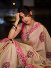 Banarasee Handwoven Semi-Tussar Saree With Hand Block Print Design-Beige