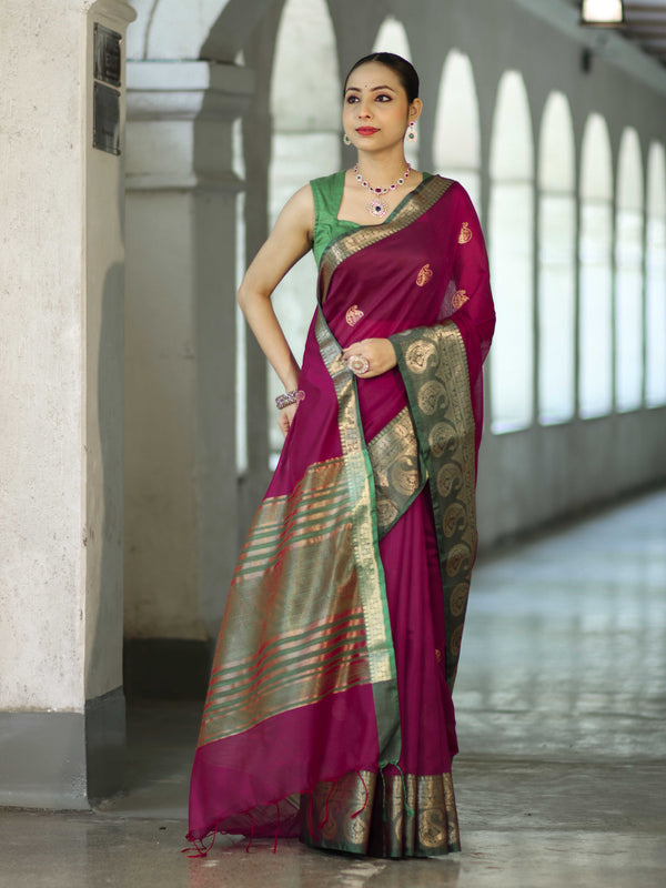 Banarasee Handloom Cotton Silk Saree With Zari Work & Contrast Border-Magenta & Green
