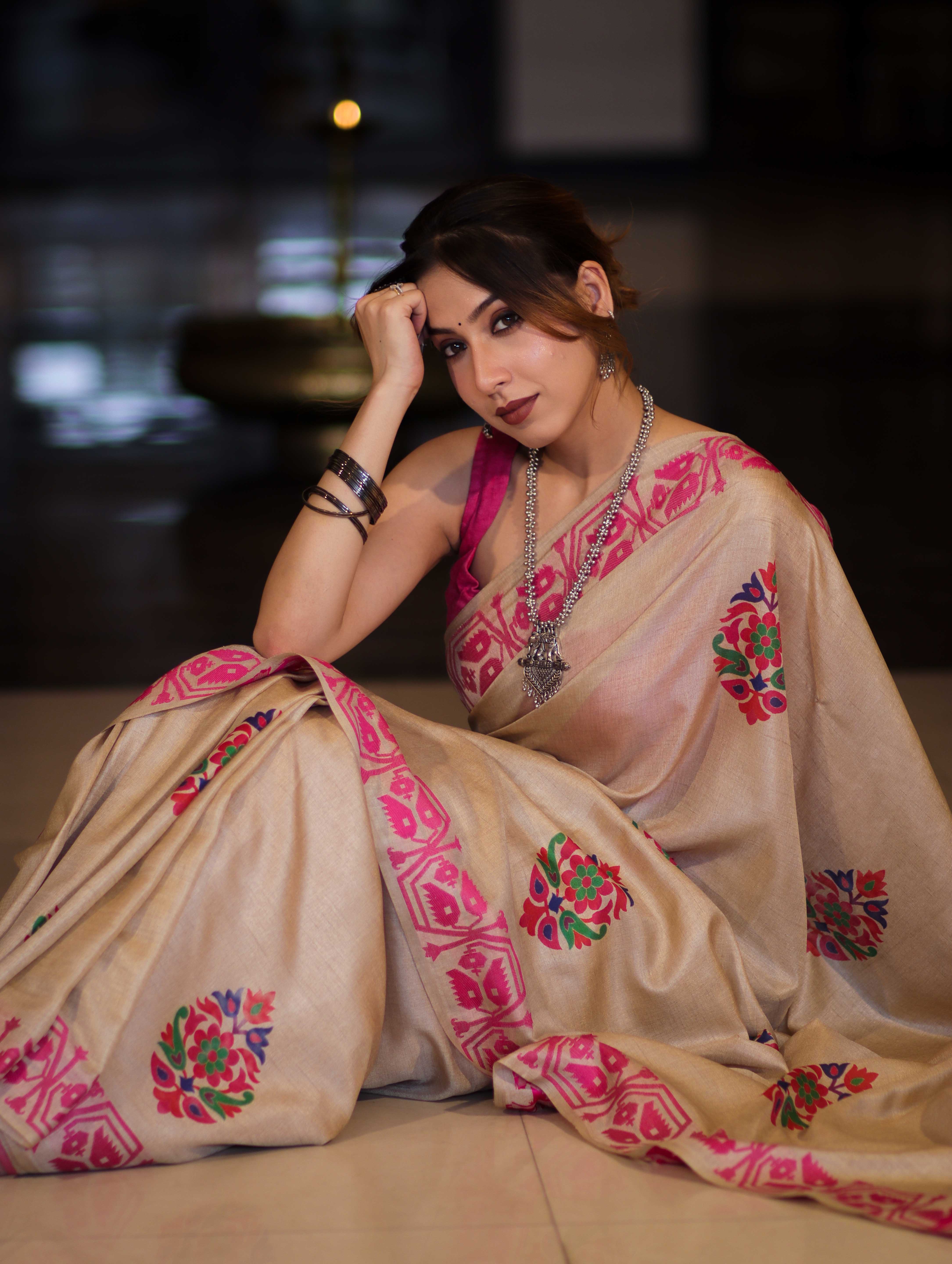 Banarasee Handwoven Semi-Tussar Saree With Hand Block Print Design-Beige