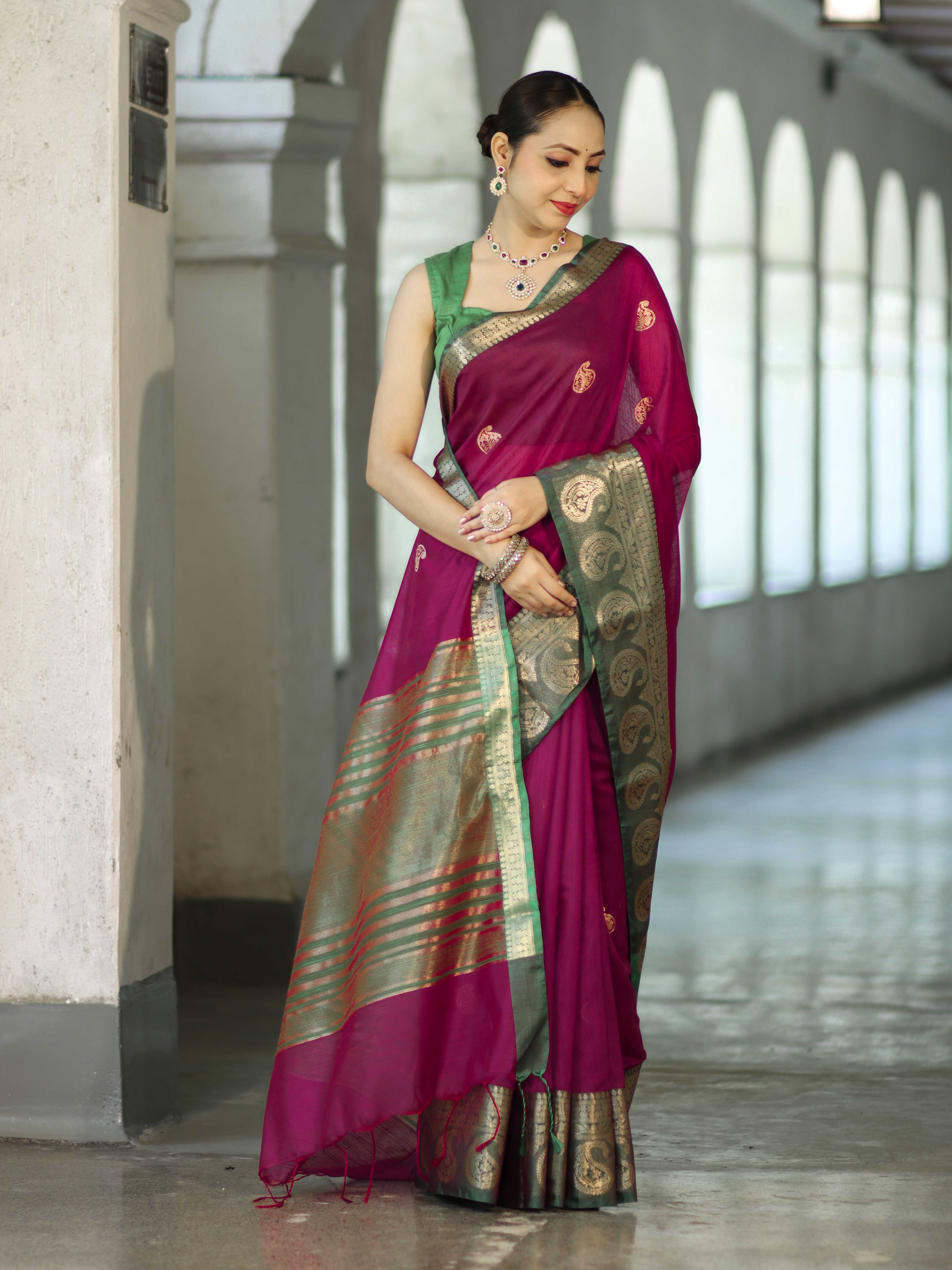 Banarasee Handloom Cotton Silk Saree With Zari Work & Contrast Border-Magenta & Green