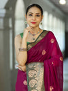 Banarasee Handloom Cotton Silk Saree With Zari Work & Contrast Border-Magenta & Green