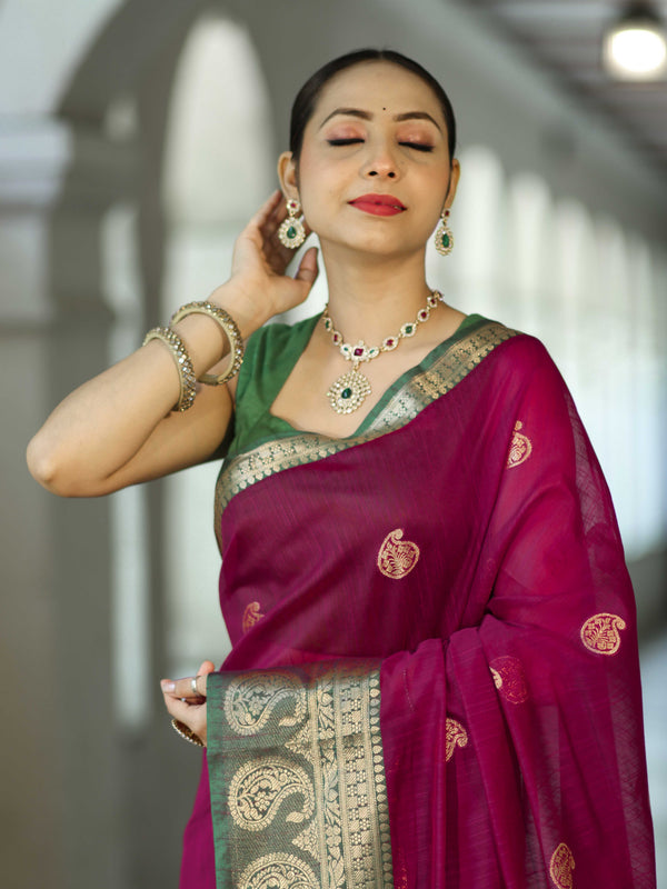Banarasee Handloom Cotton Silk Saree With Zari Work & Contrast Border-Magenta & Green