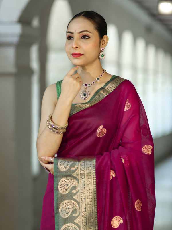Banarasee Handloom Cotton Silk Saree With Zari Work & Contrast Border-Magenta & Green