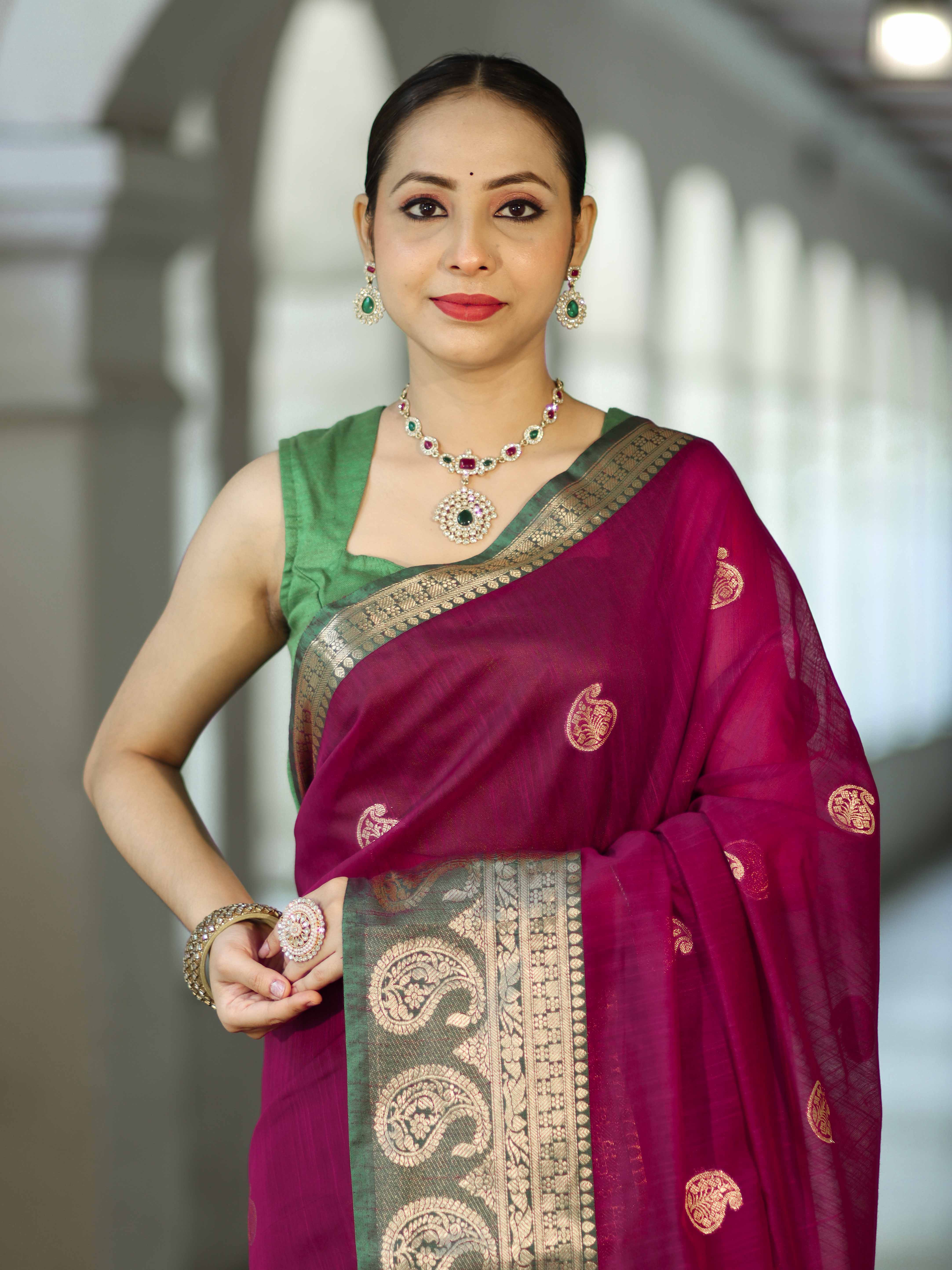 Banarasee Handloom Cotton Silk Saree With Zari Work & Contrast Border-Magenta & Green