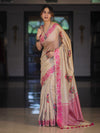 Banarasee Handwoven Semi-Tussar Saree With Hand Block Print Design-Beige