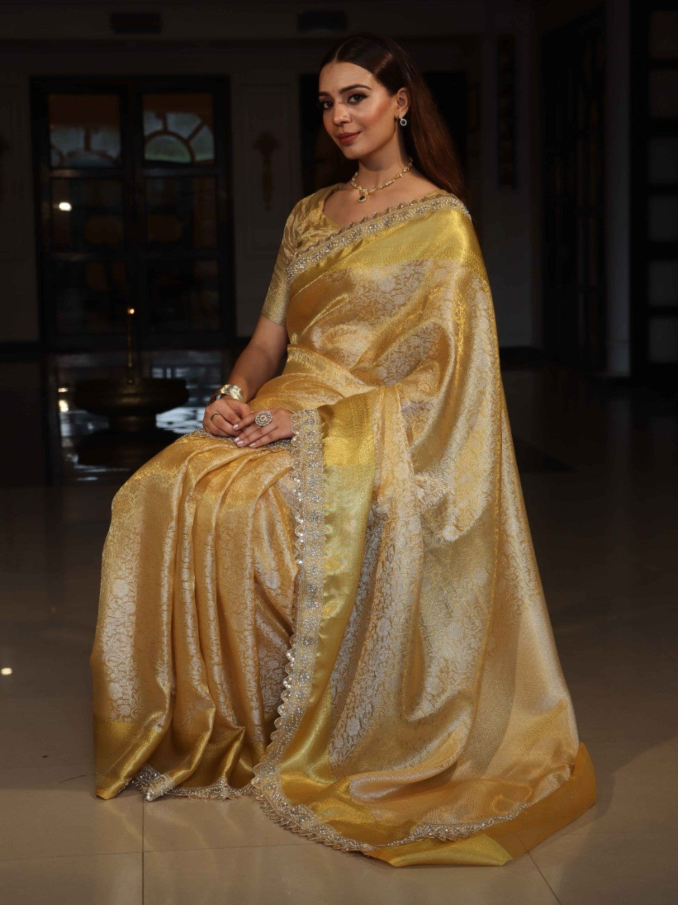 Banarasee Handwoven Tissue Saree With Floral Weaving Design Border & Lace-Yellow