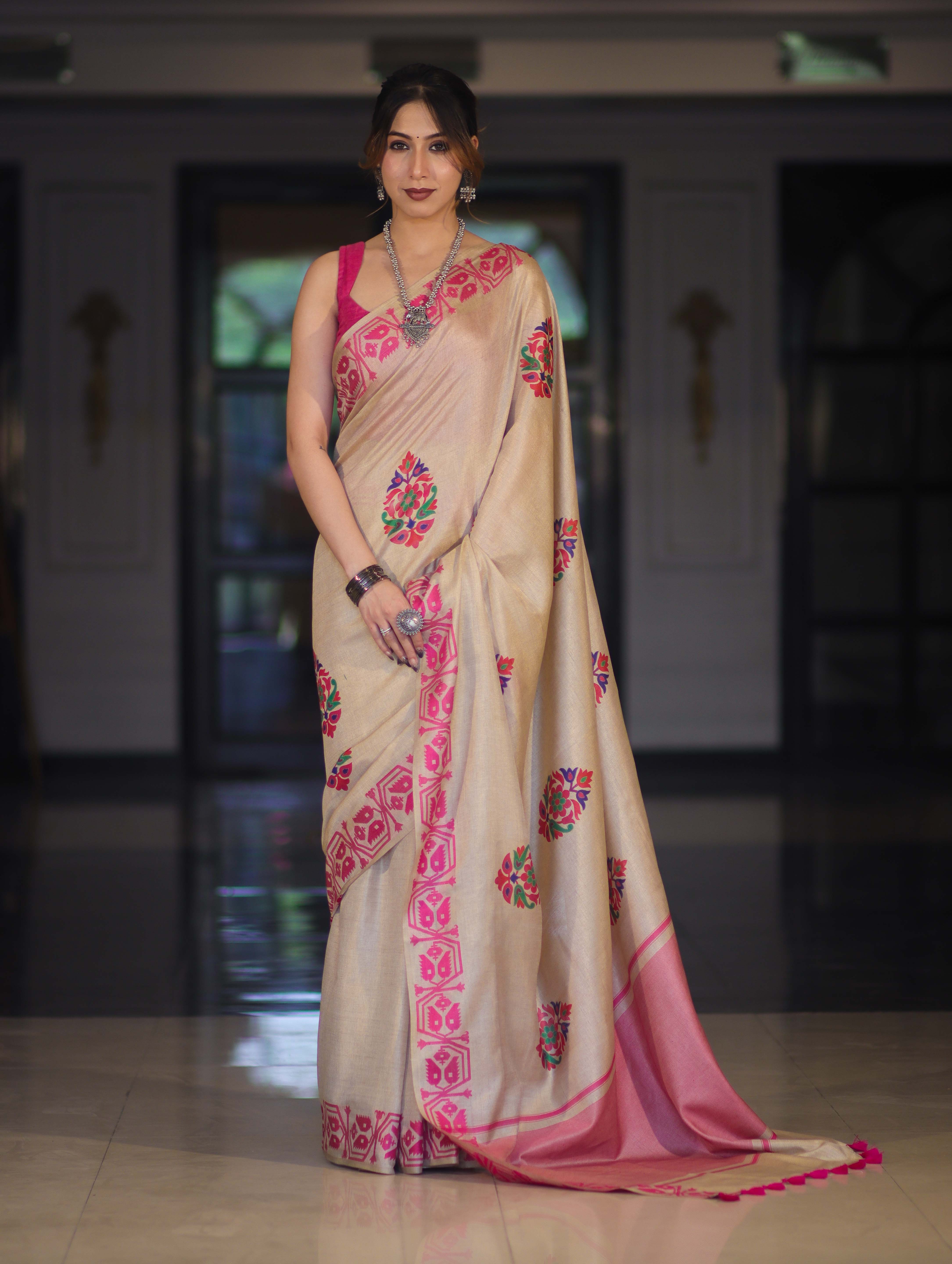 Banarasee Handwoven Semi-Tussar Saree With Hand Block Print Design-Beige