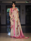Banarasee Handwoven Semi-Tussar Saree With Hand Block Print Design-Beige