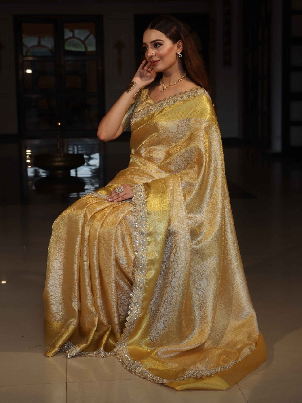 Banarasee Handwoven Tissue Saree With Floral Weaving Design Border & Lace-Yellow