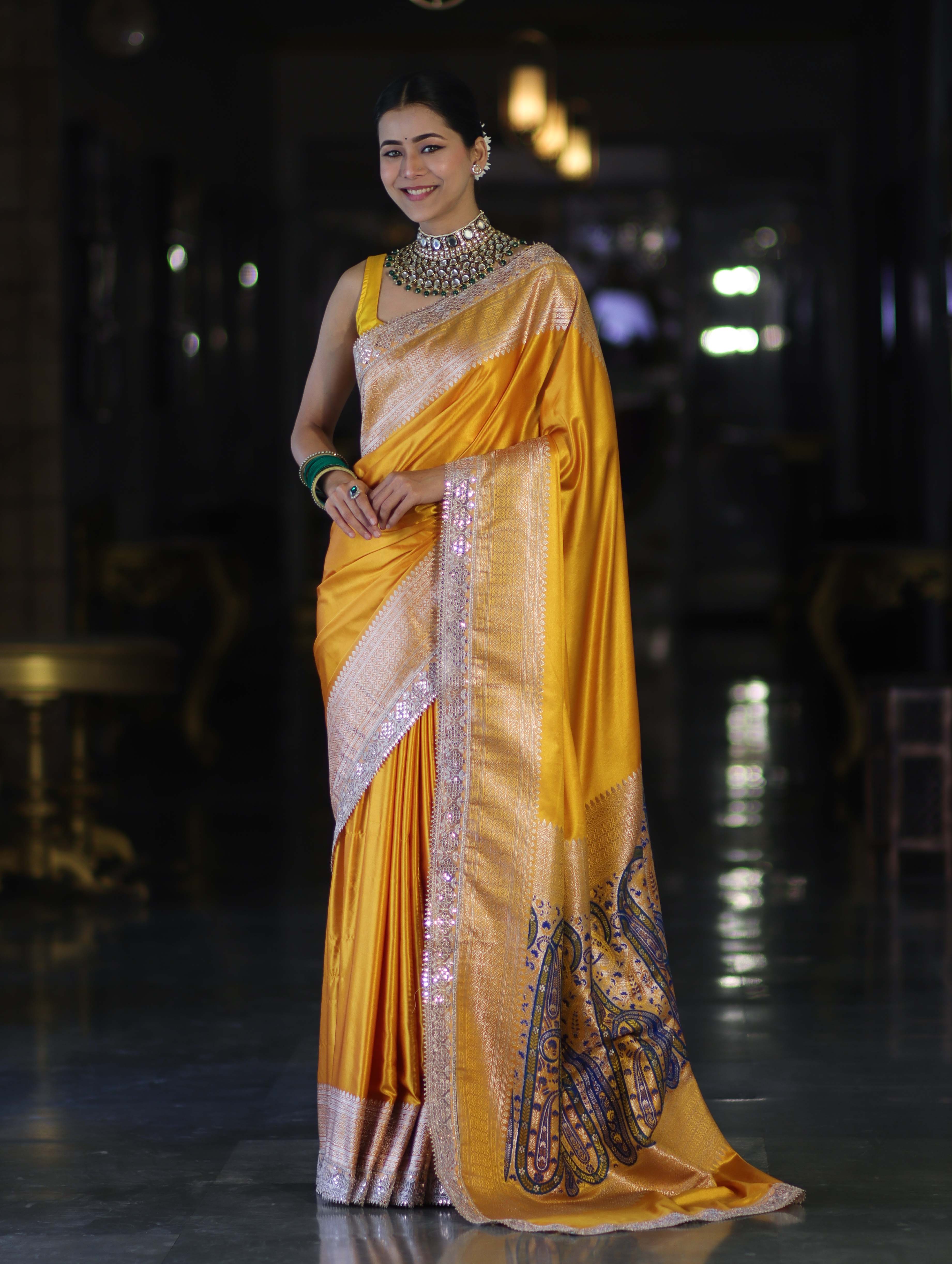 Banarasee Handloom Plain Mashru Silk Saree With Lace Border & Meenadar Pallu-Yellow