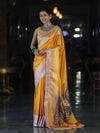 Banarasee Handloom Plain Mashru Silk Saree With Lace Border & Meenadar Pallu-Yellow