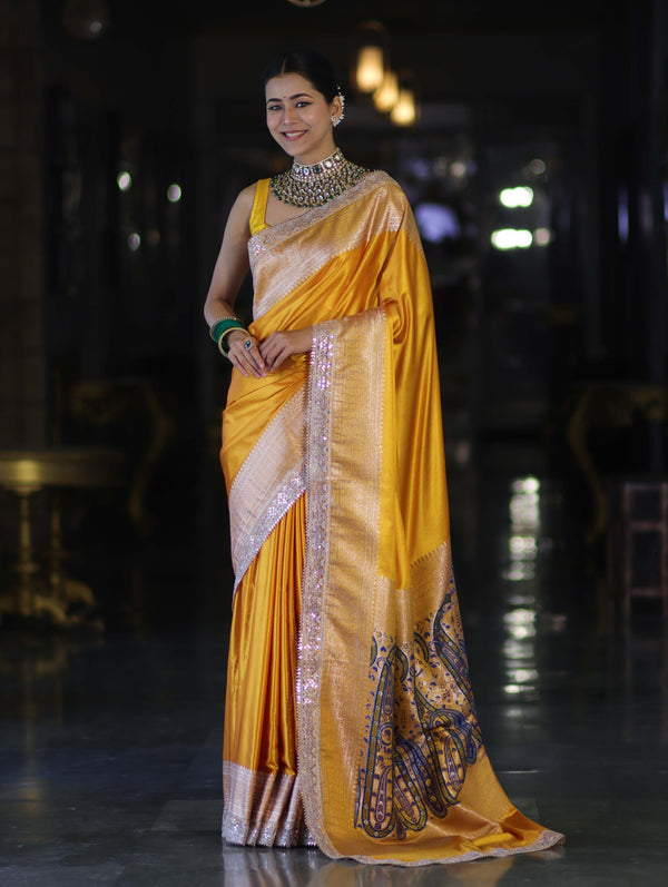 Banarasee Handloom Plain Mashru Silk Saree With Lace Border & Meenadar Pallu-Yellow